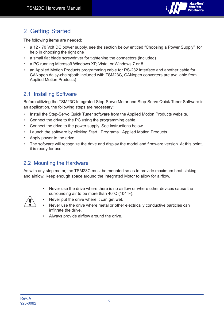 2 getting started, 1 installing software, 2 mounting the hardware | Applied Motion TSM23C-2CG User Manual | Page 6 / 25