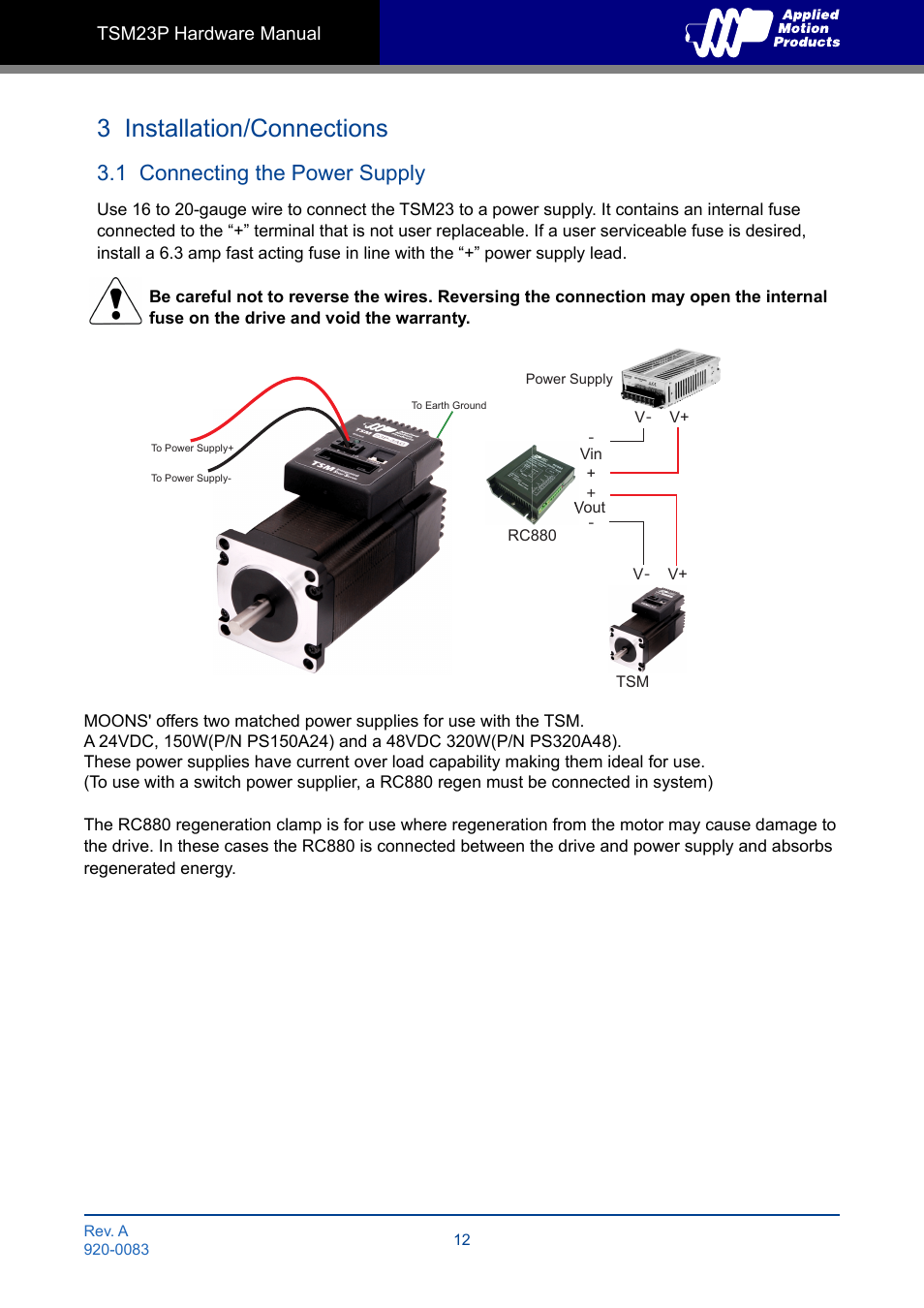 1 connecting the power supply, 3 installation/connections | Applied Motion TSM23P-2AG User Manual | Page 12 / 23