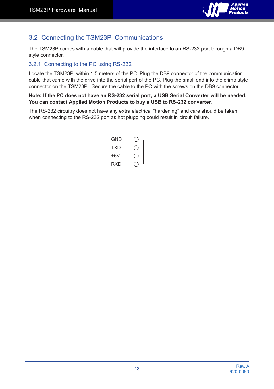 2 connecting the tsm23p communications | Applied Motion TSM23P-2AG User Manual | Page 13 / 23