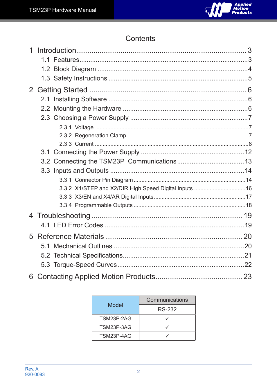 Contents 1 introduction, 2 getting started, 4 troubleshooting | 5 reference materials, 6 contacting applied motion products | Applied Motion TSM23P-2AG User Manual | Page 2 / 23