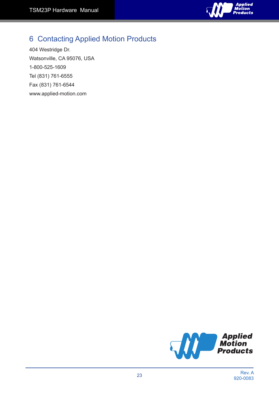 6 contacting applied motion products | Applied Motion TSM23P-2AG User Manual | Page 23 / 23