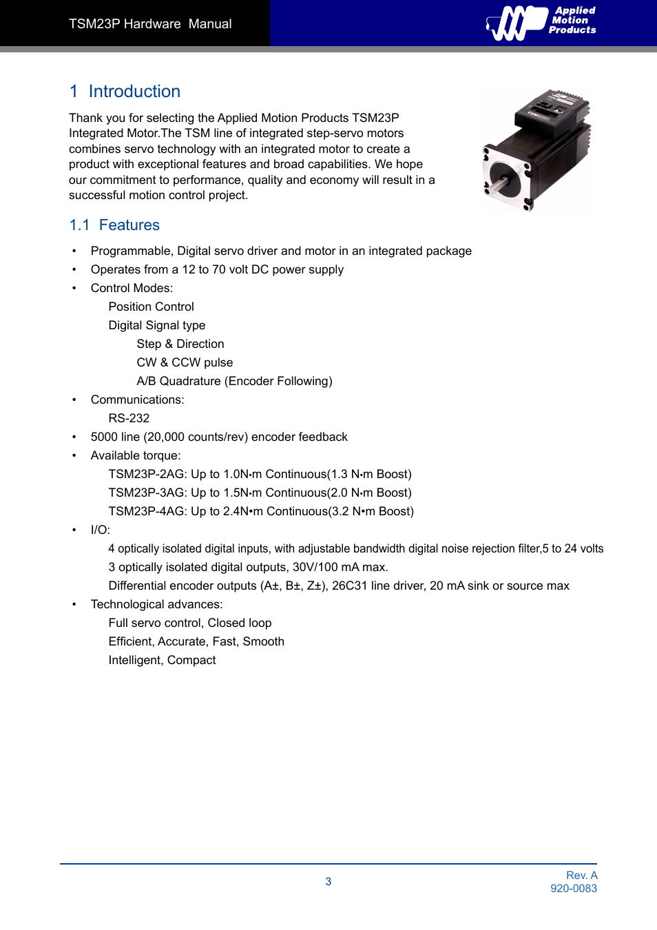 1 introduction, 1 features | Applied Motion TSM23P-2AG User Manual | Page 3 / 23