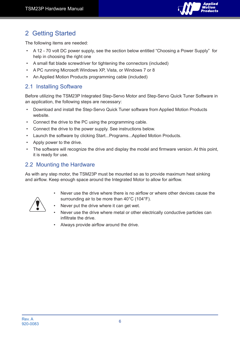 2 getting started, 1 installing software, 2 mounting the hardware | Applied Motion TSM23P-2AG User Manual | Page 6 / 23