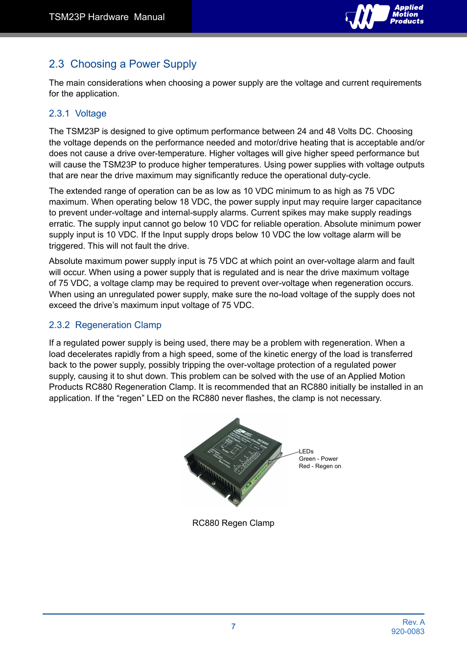 3 choosing a power supply, 1 voltage, 2 regeneration clamp | Applied Motion TSM23P-2AG User Manual | Page 7 / 23