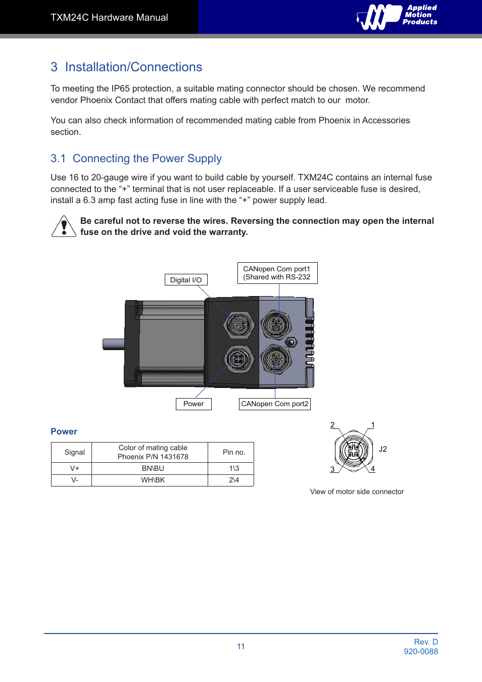 3 installation/connections, 1 connecting the power supply | Applied Motion TXM24C-1CG User Manual | Page 11 / 23