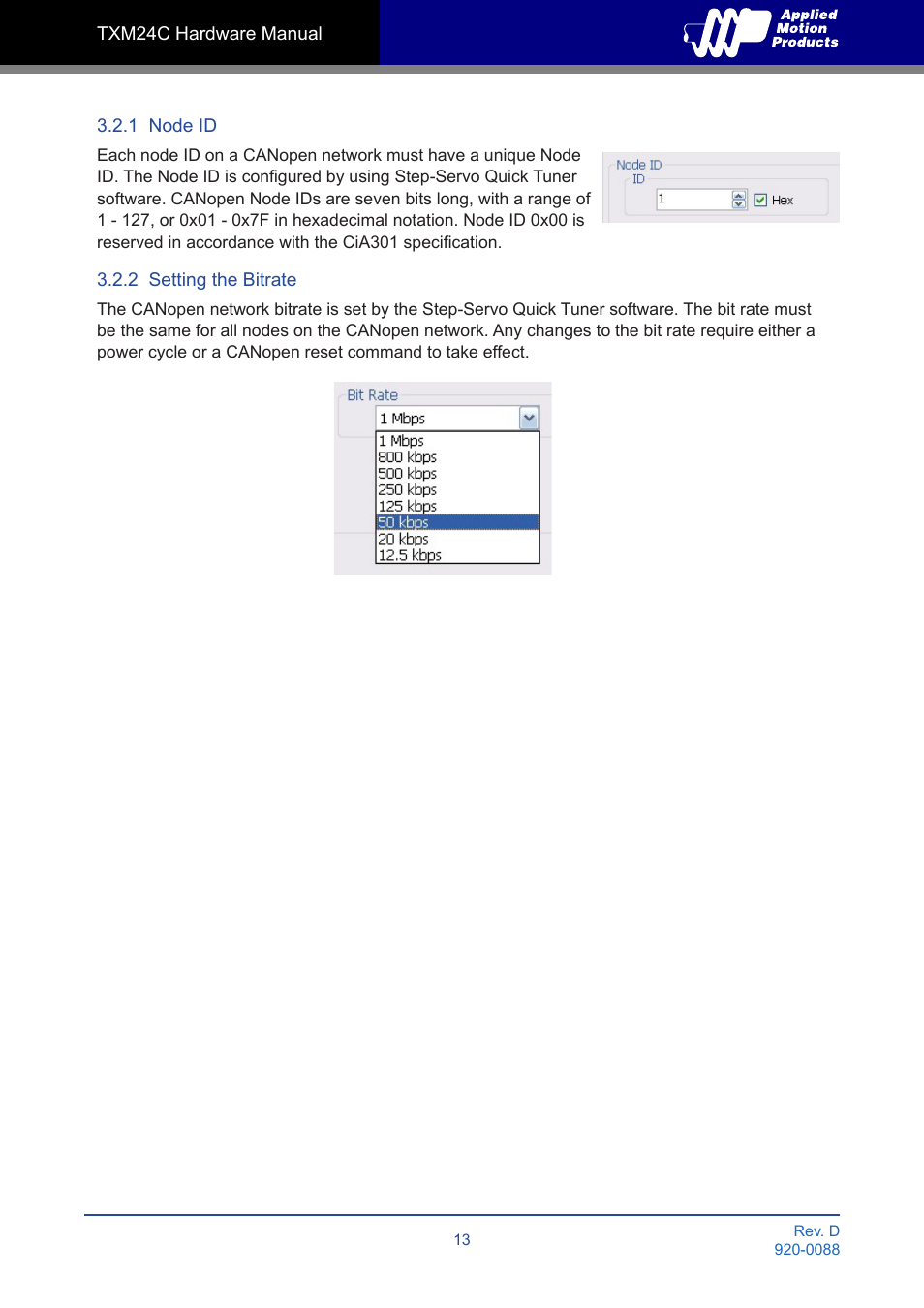 1 node id, 2 setting the bitrate | Applied Motion TXM24C-1CG User Manual | Page 13 / 23