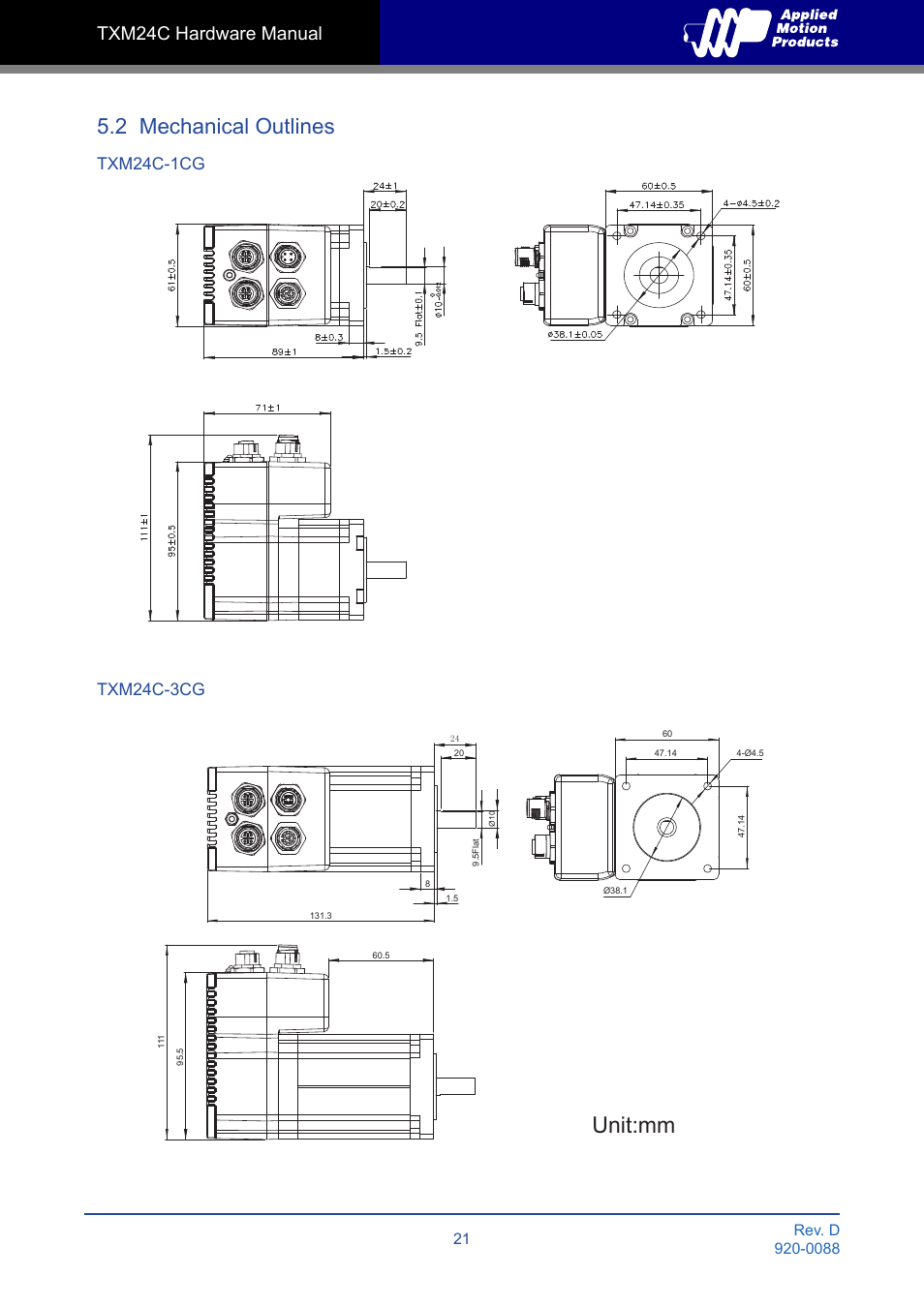 2 mechanical outlines, Unit:mm, Txm24c hardware manual | Applied Motion TXM24C-1CG User Manual | Page 21 / 23