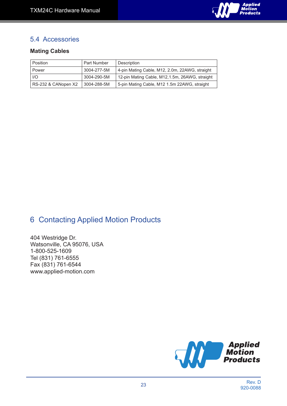 4 accessories, 6 contacting applied motion products | Applied Motion TXM24C-1CG User Manual | Page 23 / 23