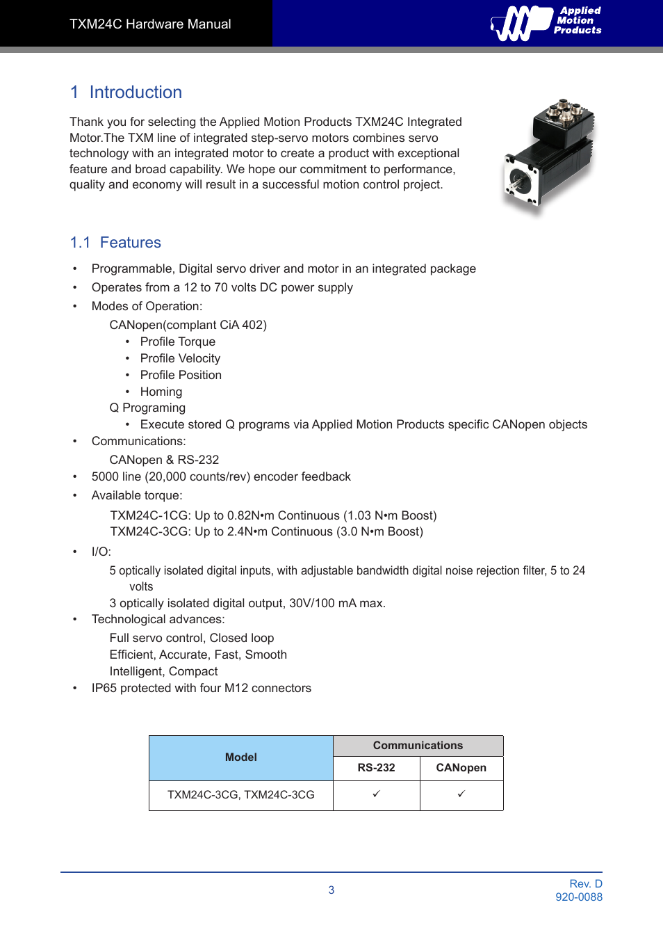 1 introduction, 1 features | Applied Motion TXM24C-1CG User Manual | Page 3 / 23