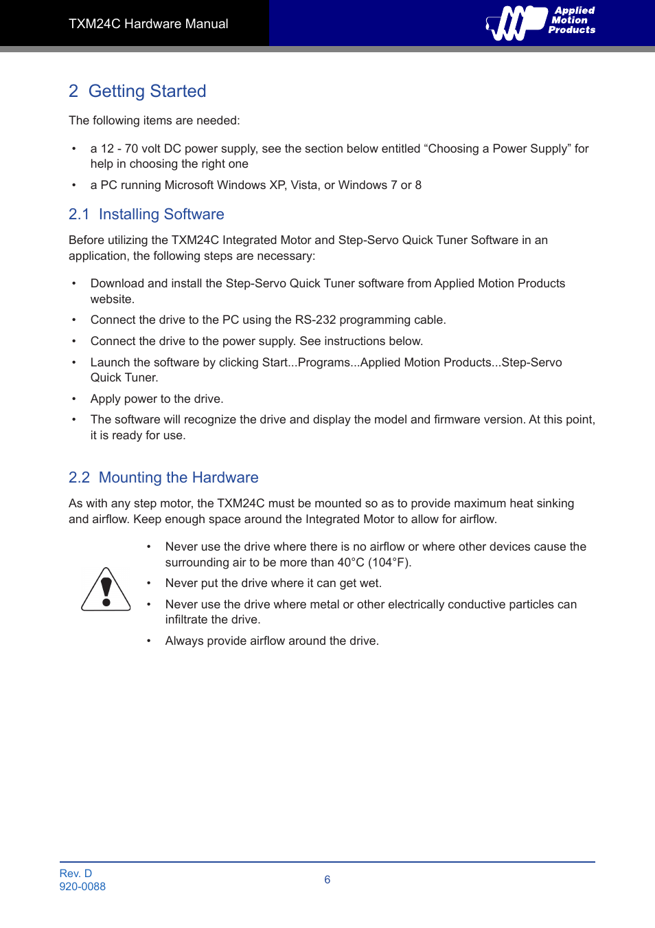 2 getting started, 1 installing software, 2 mounting the hardware | Applied Motion TXM24C-1CG User Manual | Page 6 / 23