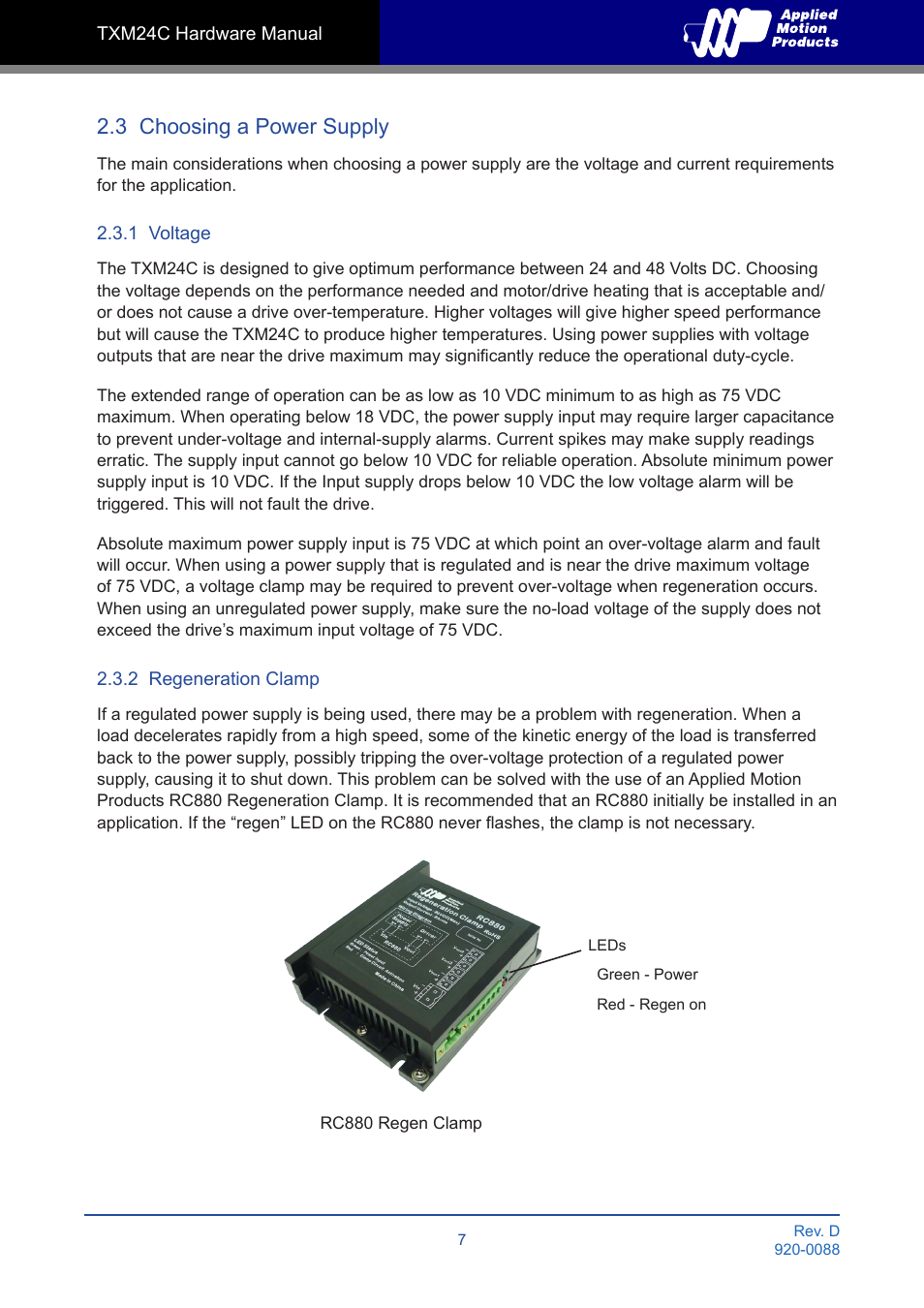 3 choosing a power supply, 1 voltage, 2 regeneration clamp | Applied Motion TXM24C-1CG User Manual | Page 7 / 23