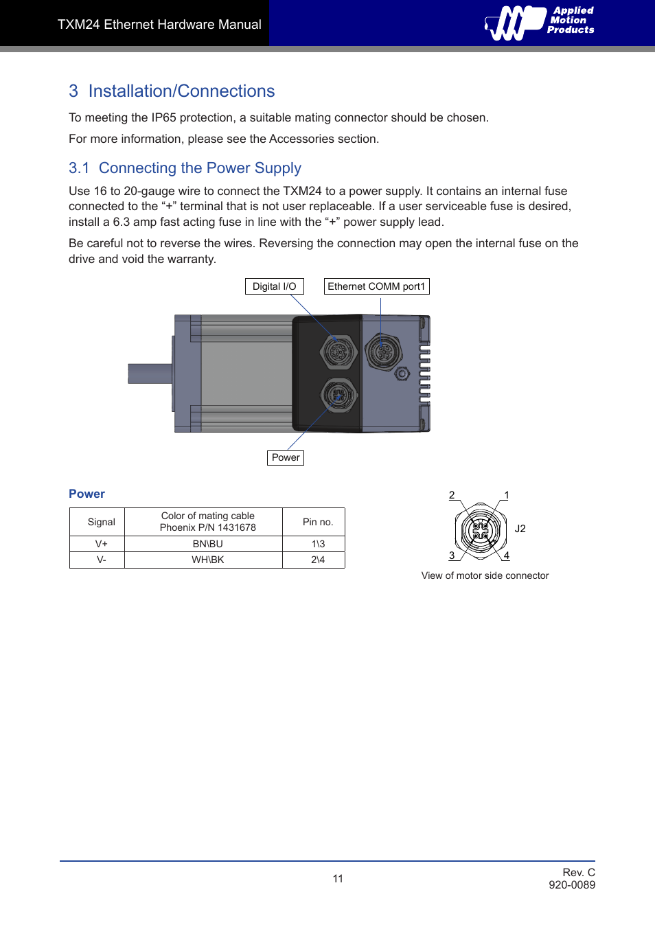 3 installation/connections, 1 connecting the power supply | Applied Motion TXM24IP-1EG User Manual | Page 11 / 26