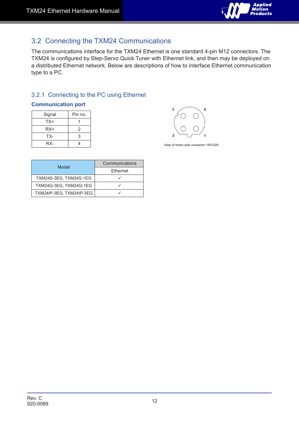 2 connecting the txm24 communications, 1 connecting to the pc using ethernet, Txm24 ethernet hardware manual | Applied Motion TXM24IP-1EG User Manual | Page 12 / 26