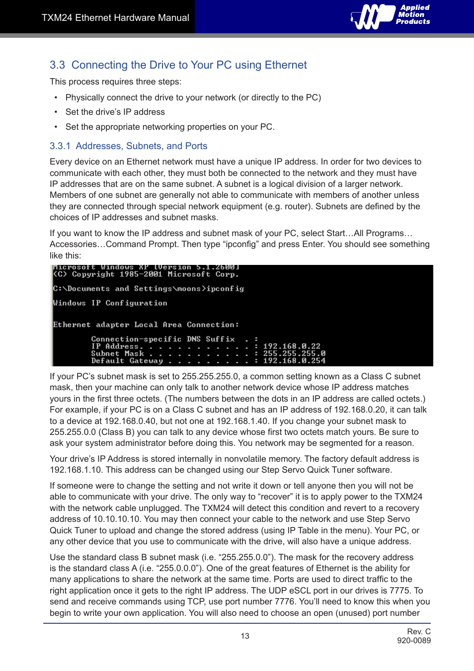 3 connecting the drive to your pc using ethernet, 1 addresses, subnets, and ports | Applied Motion TXM24IP-1EG User Manual | Page 13 / 26