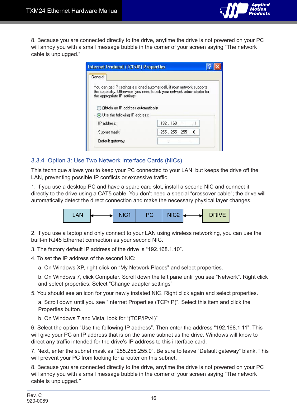 4 option 3: use two network interface cards (nics) | Applied Motion TXM24IP-1EG User Manual | Page 16 / 26