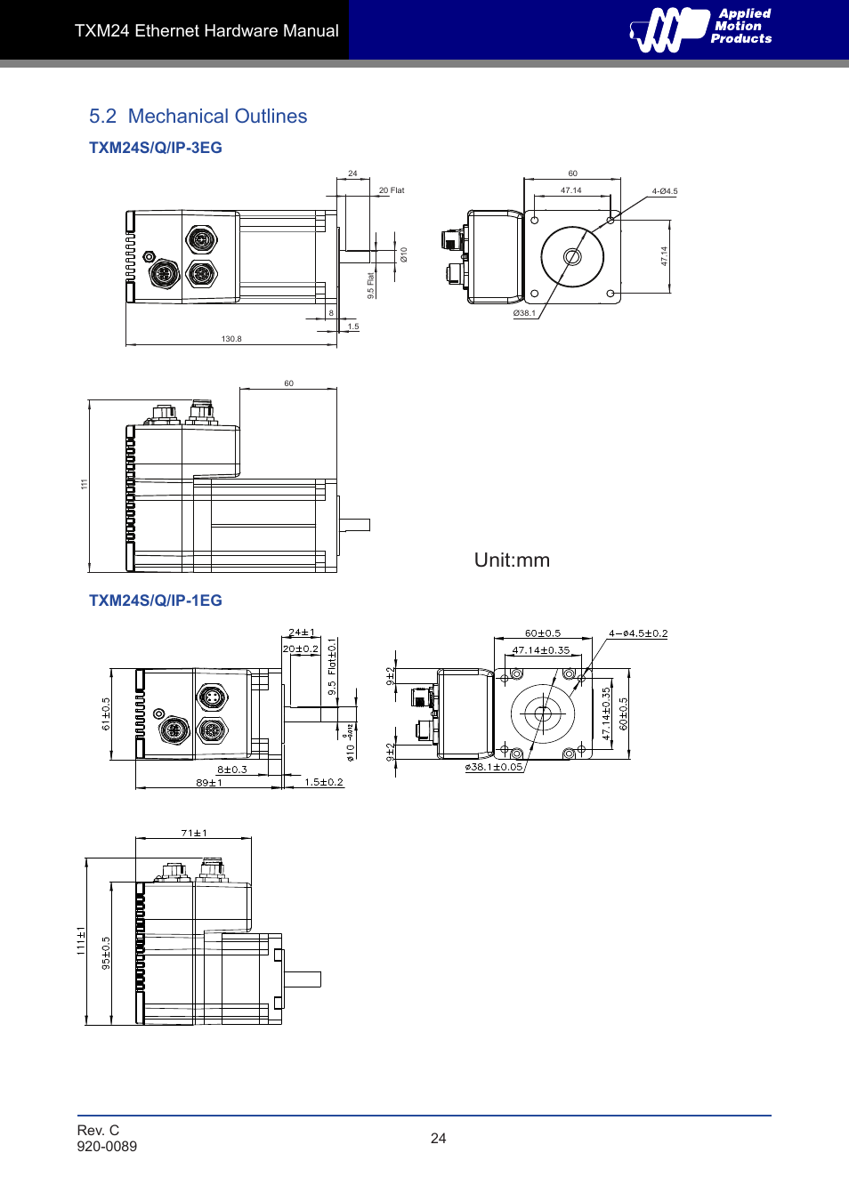 2 mechanical outlines, Unit:mm, Txm24 ethernet hardware manual | Applied Motion TXM24IP-1EG User Manual | Page 24 / 26