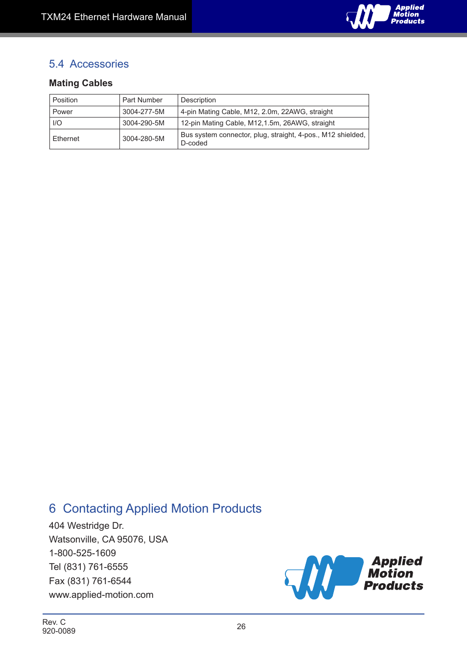 4 accessories, 6 contacting applied motion products | Applied Motion TXM24IP-1EG User Manual | Page 26 / 26