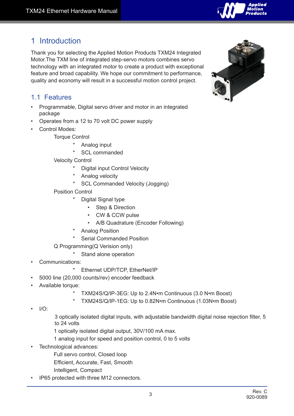1 introduction, 1 features | Applied Motion TXM24IP-1EG User Manual | Page 3 / 26