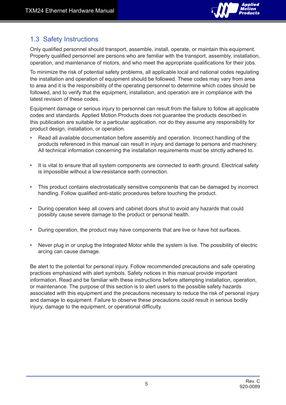 3 safety instructions | Applied Motion TXM24IP-1EG User Manual | Page 5 / 26