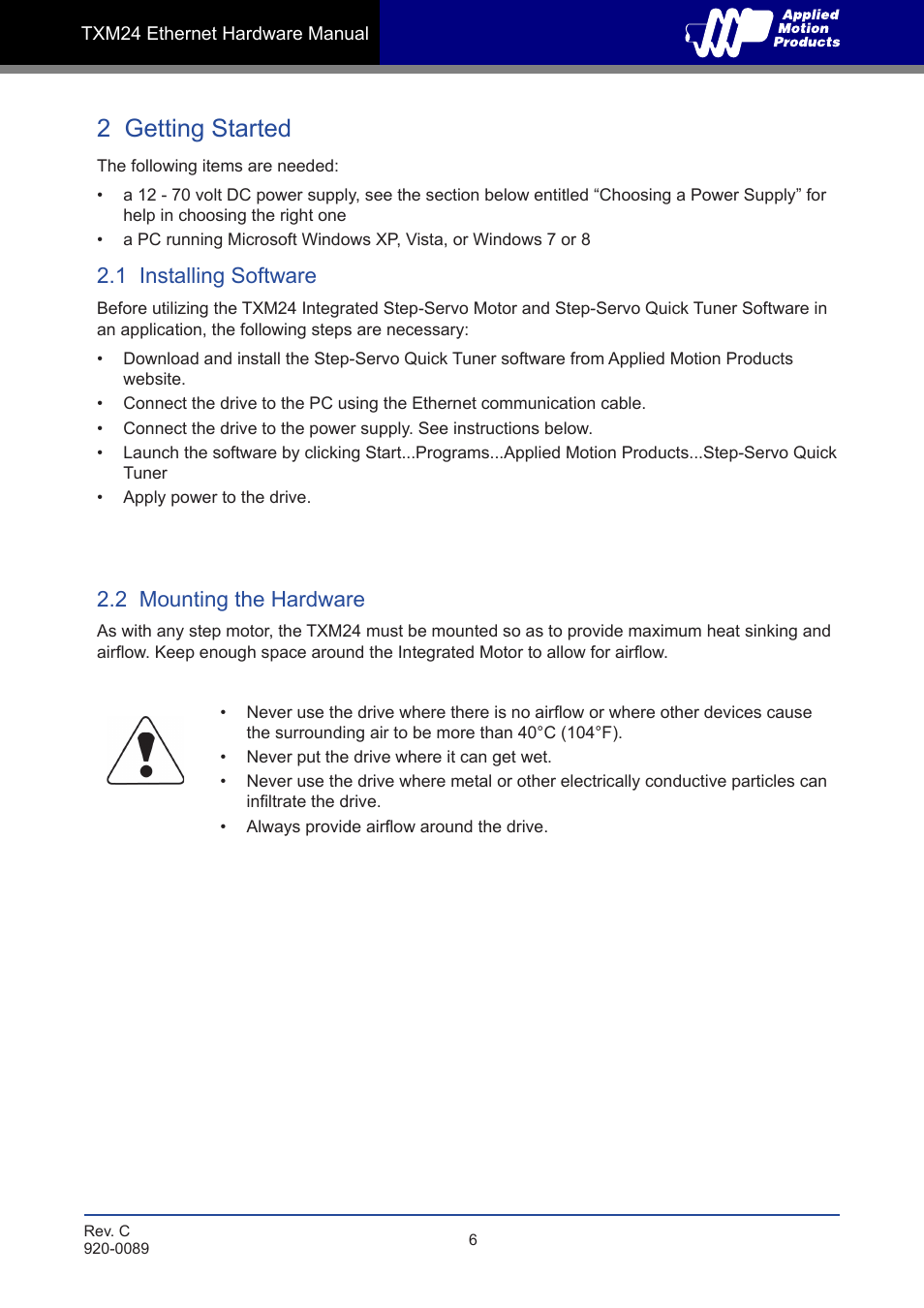 2 getting started, 1 installing software, 2 mounting the hardware | Applied Motion TXM24IP-1EG User Manual | Page 6 / 26
