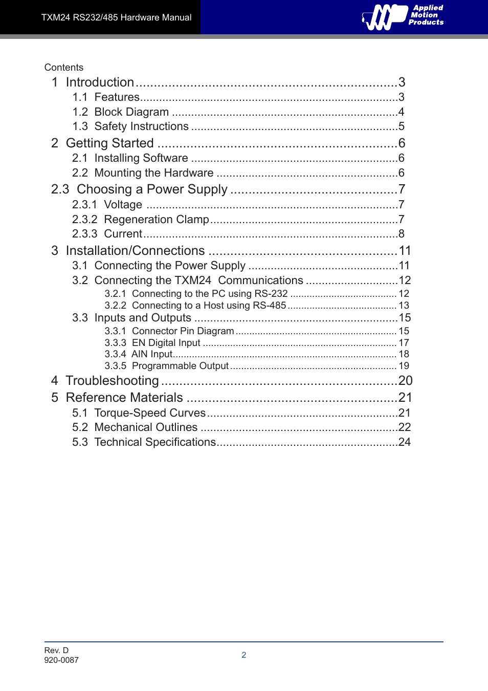 1 introduction, 2 getting started, 3 choosing a power supply | 3 installation/connections, 4 troubleshooting 5 reference materials | Applied Motion TXM24Q-1AG User Manual | Page 2 / 25