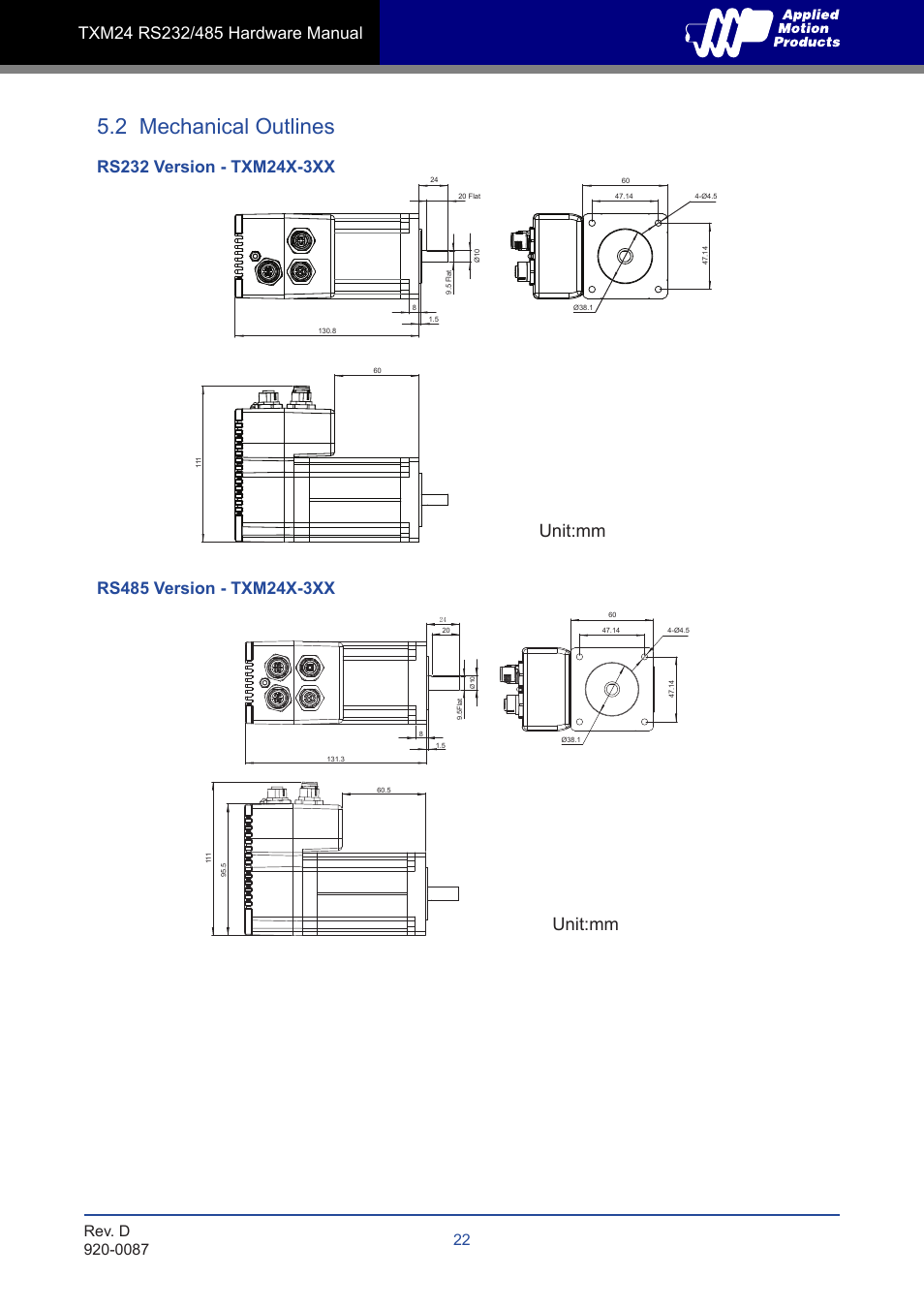 2 mechanical outlines, Unit:mm | Applied Motion TXM24Q-1AG User Manual | Page 22 / 25