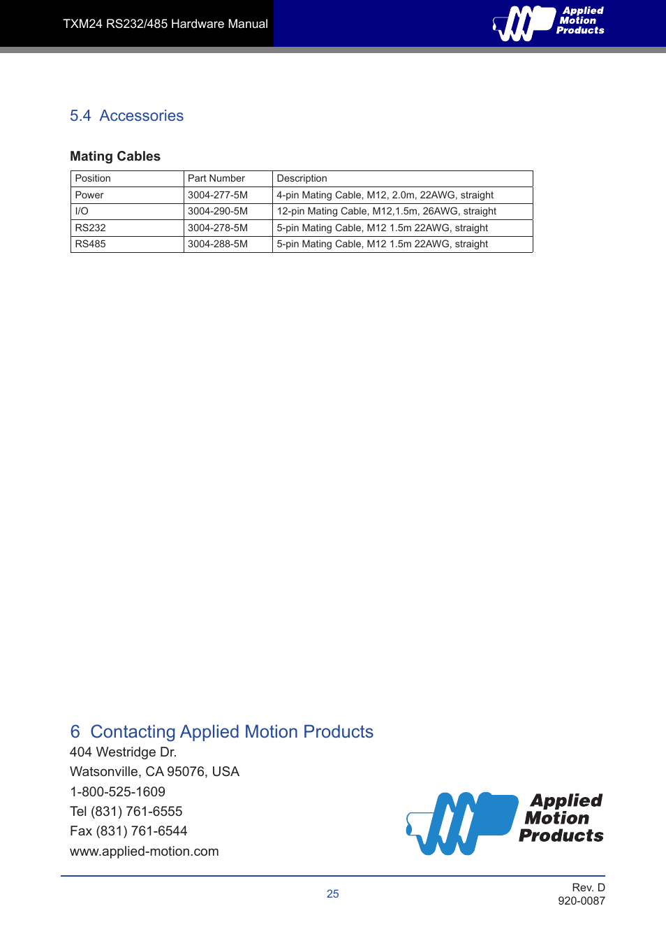 6 contacting applied motion products, 4 accessories | Applied Motion TXM24Q-1AG User Manual | Page 25 / 25