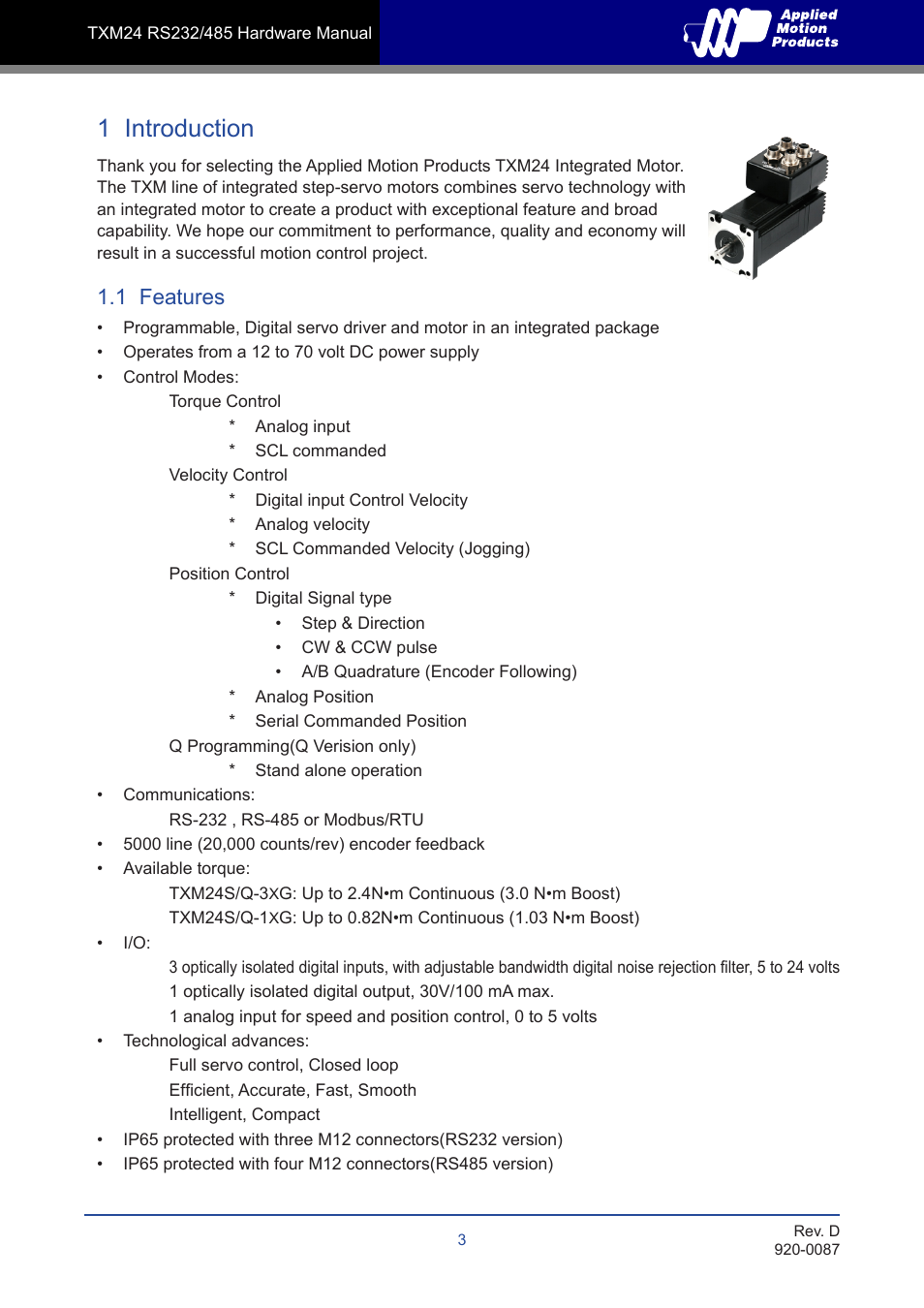 1 introduction, 1 features | Applied Motion TXM24Q-1AG User Manual | Page 3 / 25