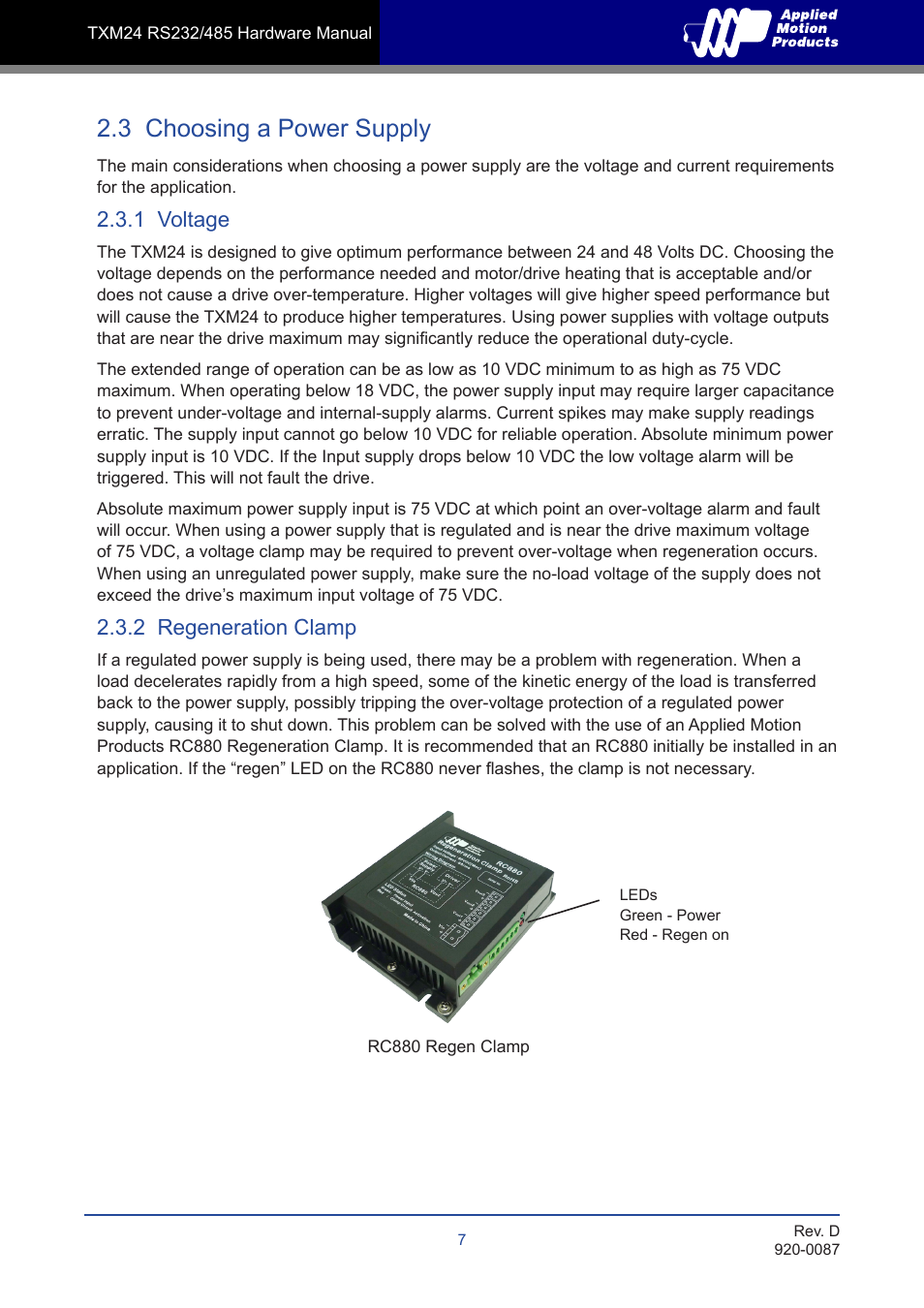 3 choosing a power supply, 1 voltage, 2 regeneration clamp | Applied Motion TXM24Q-1AG User Manual | Page 7 / 25