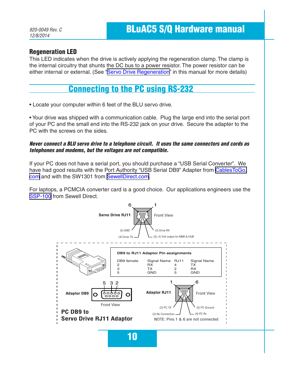Connecting to the pc using rs-232, Regeneration led, 10 bluac5 s/q hardware manual | Applied Motion BLuAC5-Q User Manual | Page 10 / 46