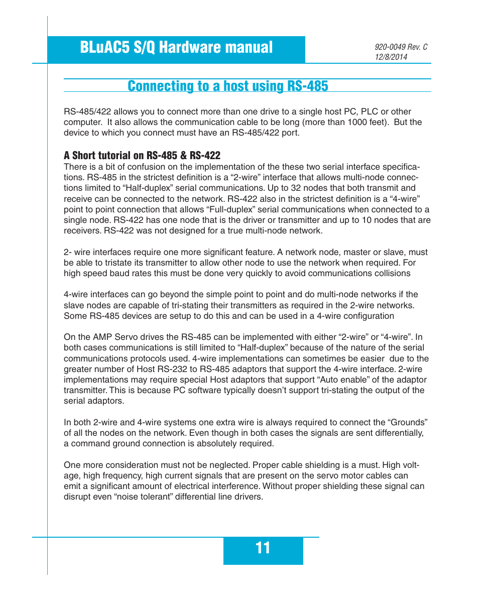 Connecting to a host using rs-485, A short tutorial on rs-485 & rs-422, 11 bluac5 s/q hardware manual | Applied Motion BLuAC5-Q User Manual | Page 11 / 46
