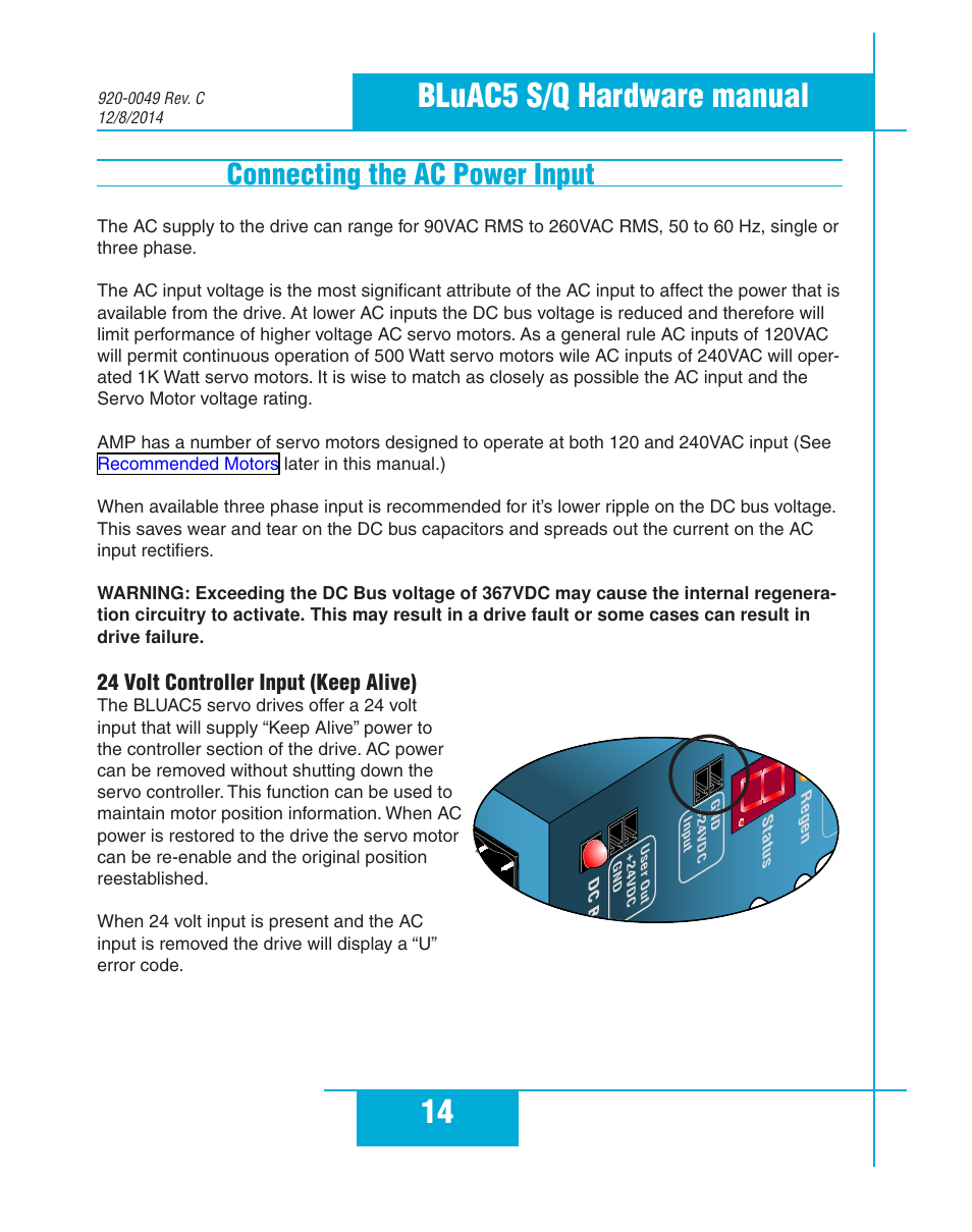 Connecting the ac power input, 24 volt controller input (keep alive), 14 bluac5 s/q hardware manual | Applied Motion BLuAC5-Q User Manual | Page 14 / 46