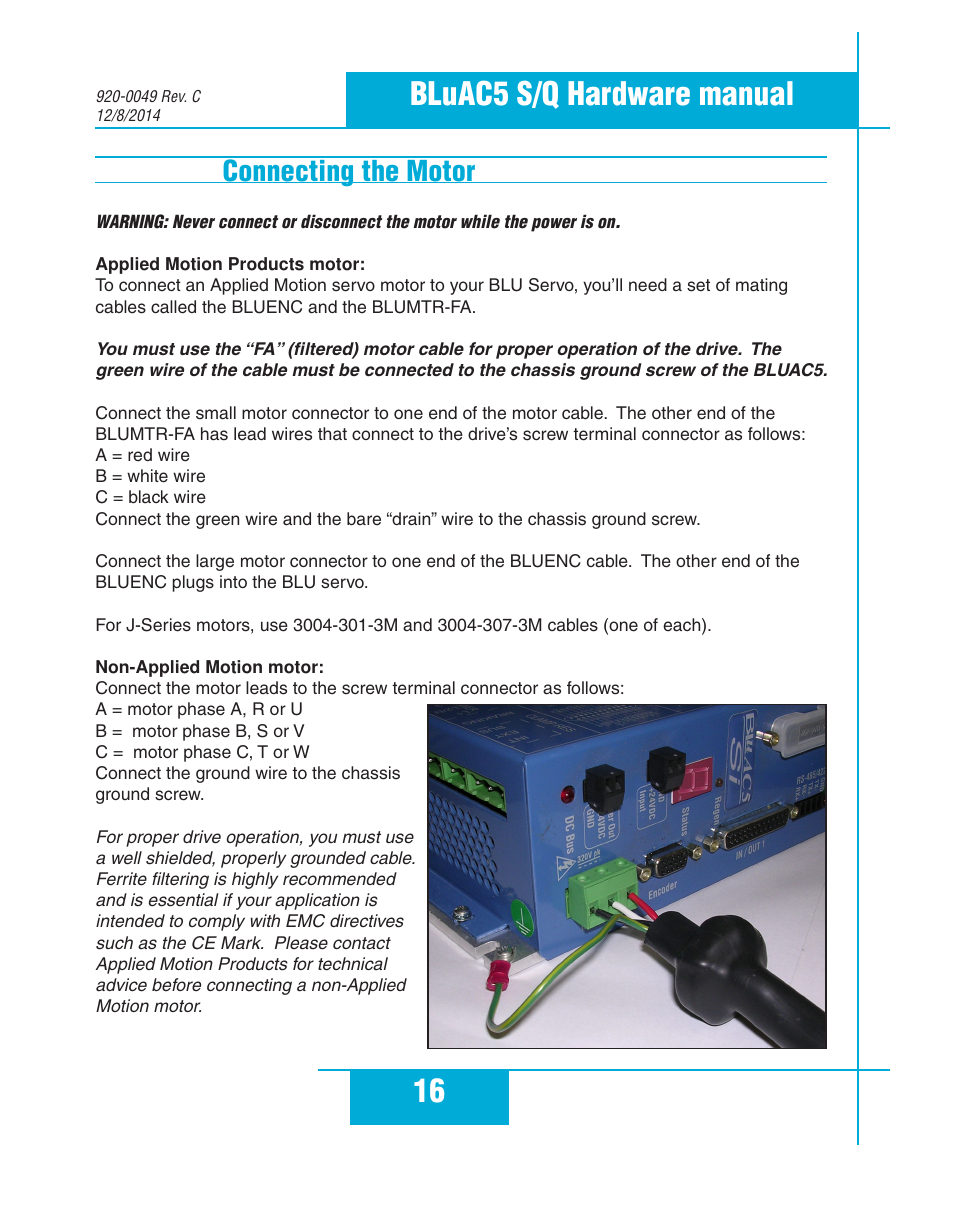 Connecting the motor, 16 bluac5 s/q hardware manual | Applied Motion BLuAC5-Q User Manual | Page 16 / 46