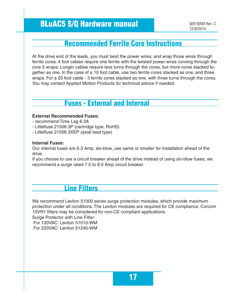 Recommended ferrite core instructions, Fuses - external and internal, Line filters | 17 bluac5 s/q hardware manual | Applied Motion BLuAC5-Q User Manual | Page 17 / 46