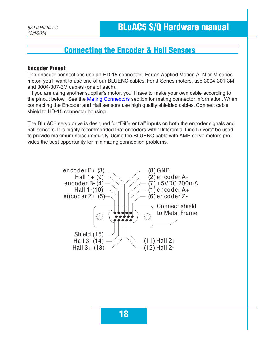 Connecting the encoder & hall sensors, Encoder pinout, 18 bluac5 s/q hardware manual | Applied Motion BLuAC5-Q User Manual | Page 18 / 46