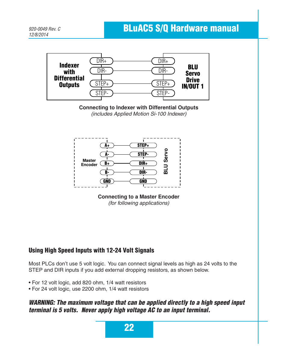 Using high speed inputs with 12-24 volt signals, 22 bluac5 s/q hardware manual | Applied Motion BLuAC5-Q User Manual | Page 22 / 46