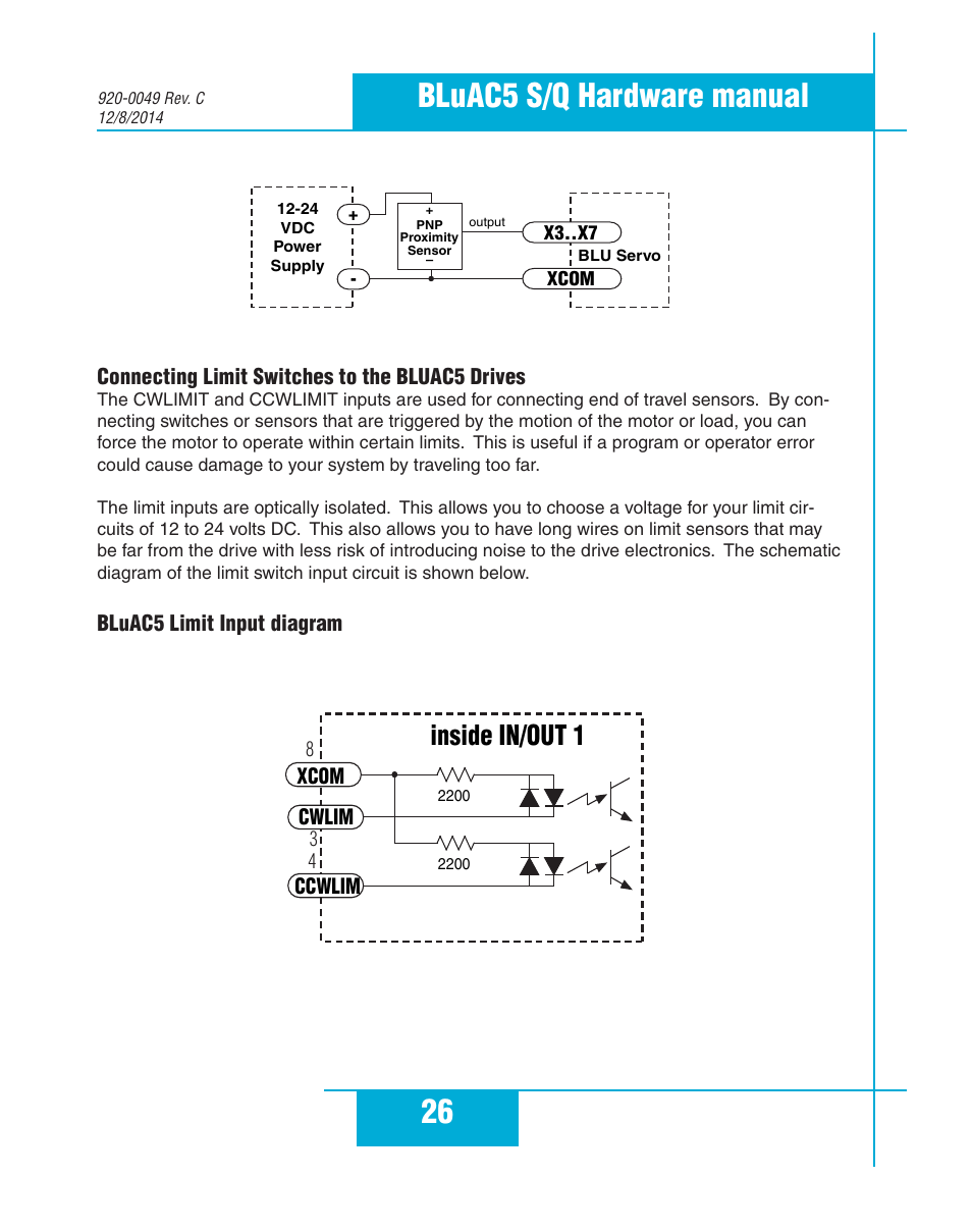 Connecting limit switches to the bluac5 drives, Bluac5 limit input diagram, 26 bluac5 s/q hardware manual | Inside in/out 1 | Applied Motion BLuAC5-Q User Manual | Page 26 / 46