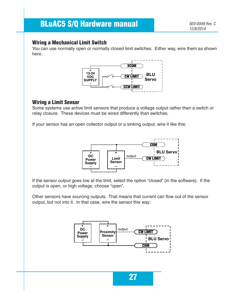 Wiring a mechanical limit switch, Wiring a limit sensor, 27 bluac5 s/q hardware manual | Applied Motion BLuAC5-Q User Manual | Page 27 / 46