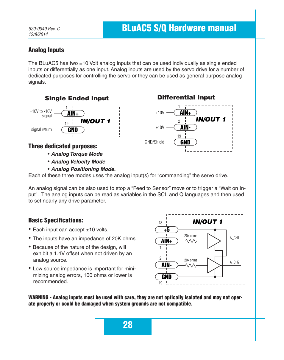 Analog inputs, Three dedicated purposes, Basic specifications | 28 bluac5 s/q hardware manual | Applied Motion BLuAC5-Q User Manual | Page 28 / 46