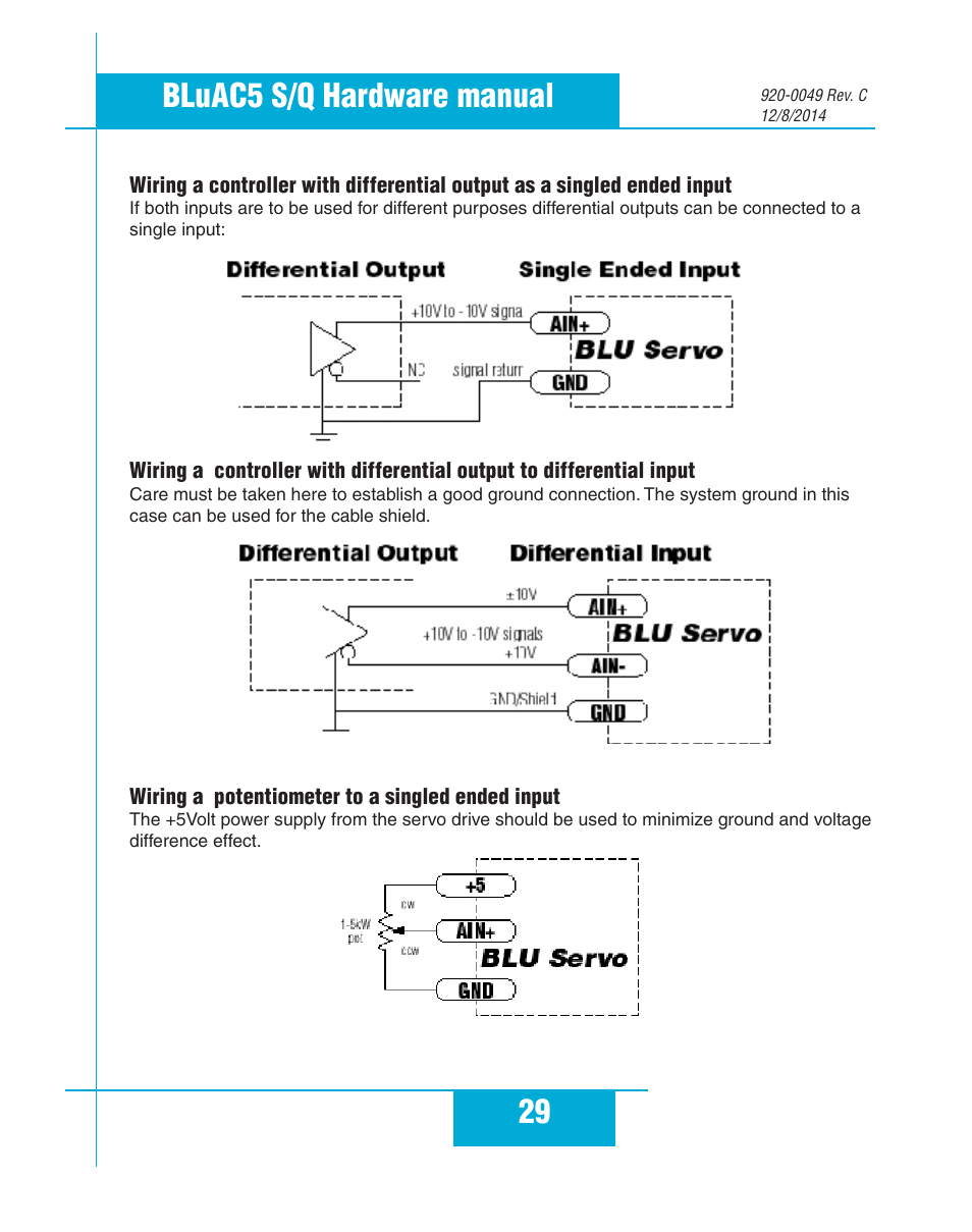 Wiring a potentiometer to a singled ended input, 29 bluac5 s/q hardware manual | Applied Motion BLuAC5-Q User Manual | Page 29 / 46