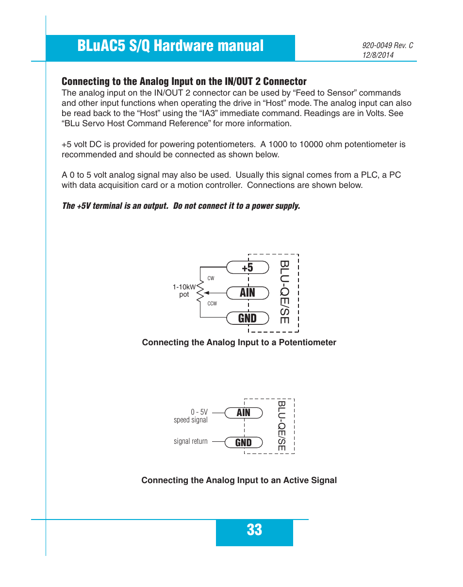 33 bluac5 s/q hardware manual, Blu-qe/se gnd ain +5 | Applied Motion BLuAC5-Q User Manual | Page 33 / 46