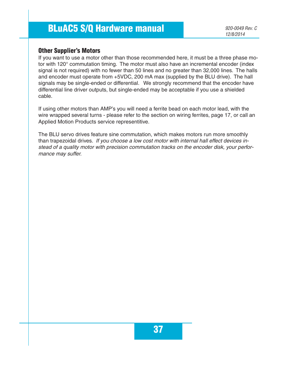 Other supplier’s motors, 37 bluac5 s/q hardware manual | Applied Motion BLuAC5-Q User Manual | Page 37 / 46