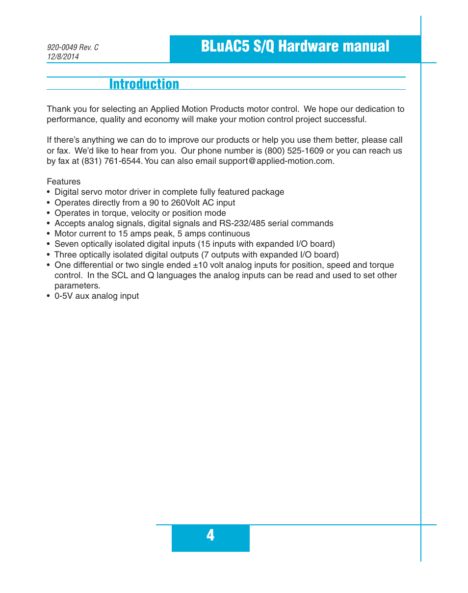 Introduction, 4bluac5 s/q hardware manual | Applied Motion BLuAC5-Q User Manual | Page 4 / 46