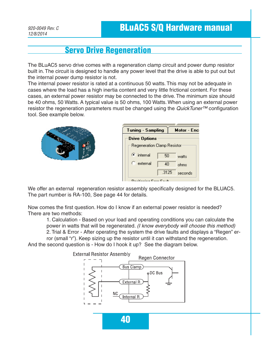 Servo drive regeneration, 40 bluac5 s/q hardware manual | Applied Motion BLuAC5-Q User Manual | Page 40 / 46