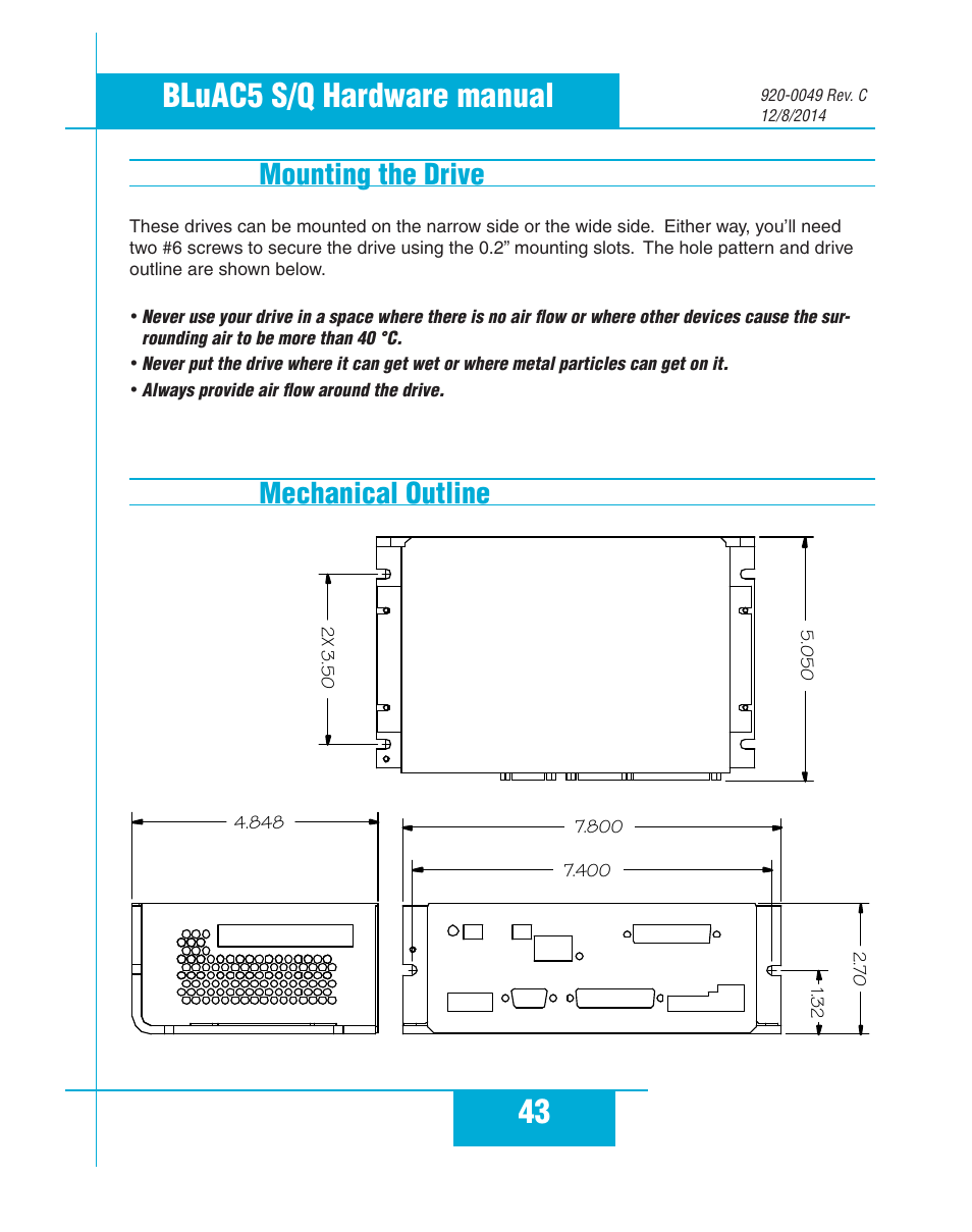 Mounting the drive, Mechanical outline, Mounting the drive mechanical outline | 43 bluac5 s/q hardware manual | Applied Motion BLuAC5-Q User Manual | Page 43 / 46