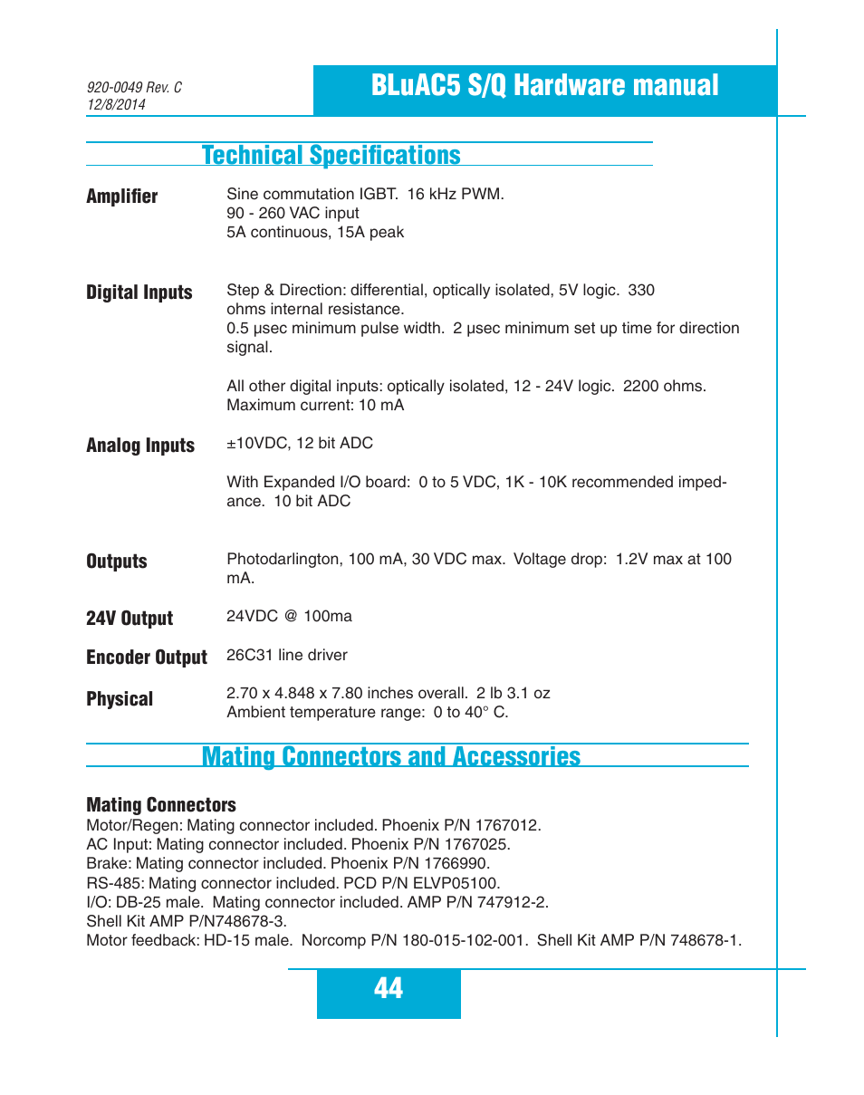 Technical specifications, Mating connectors and accessories, 44 bluac5 s/q hardware manual | Applied Motion BLuAC5-Q User Manual | Page 44 / 46