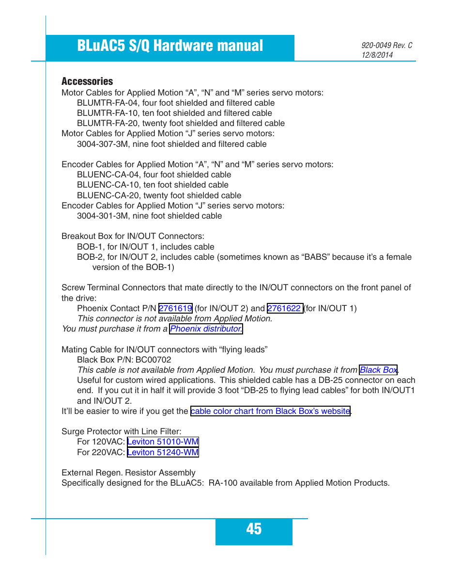 45 bluac5 s/q hardware manual, Accessories | Applied Motion BLuAC5-Q User Manual | Page 45 / 46
