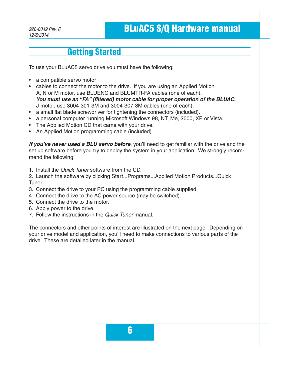 Getting started, 6bluac5 s/q hardware manual | Applied Motion BLuAC5-Q User Manual | Page 6 / 46