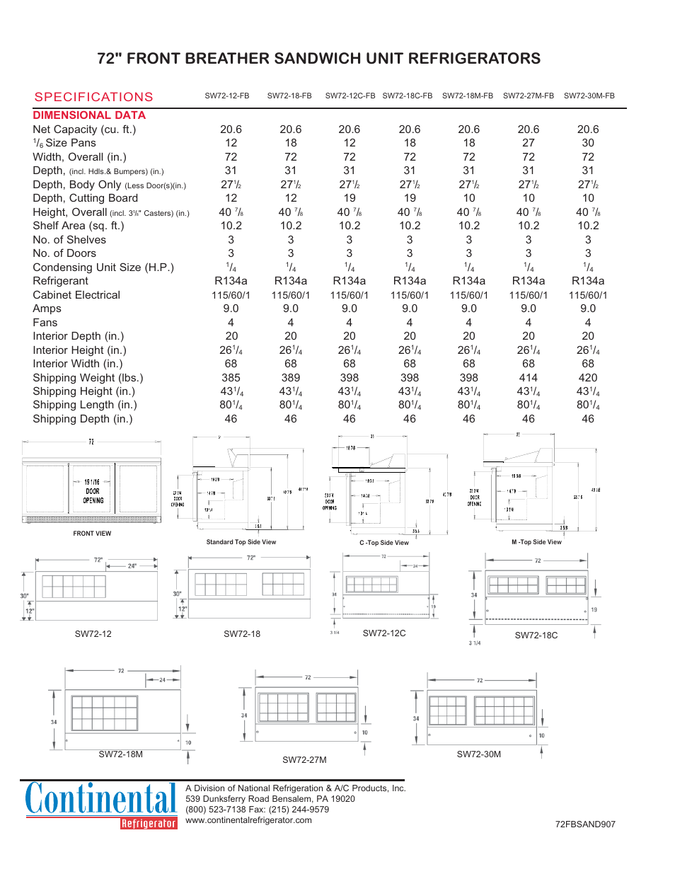 72" front breather sandwich unit refrigerators, Specifications | Continental Refrigerator SW72-18-FB User Manual | Page 2 / 2