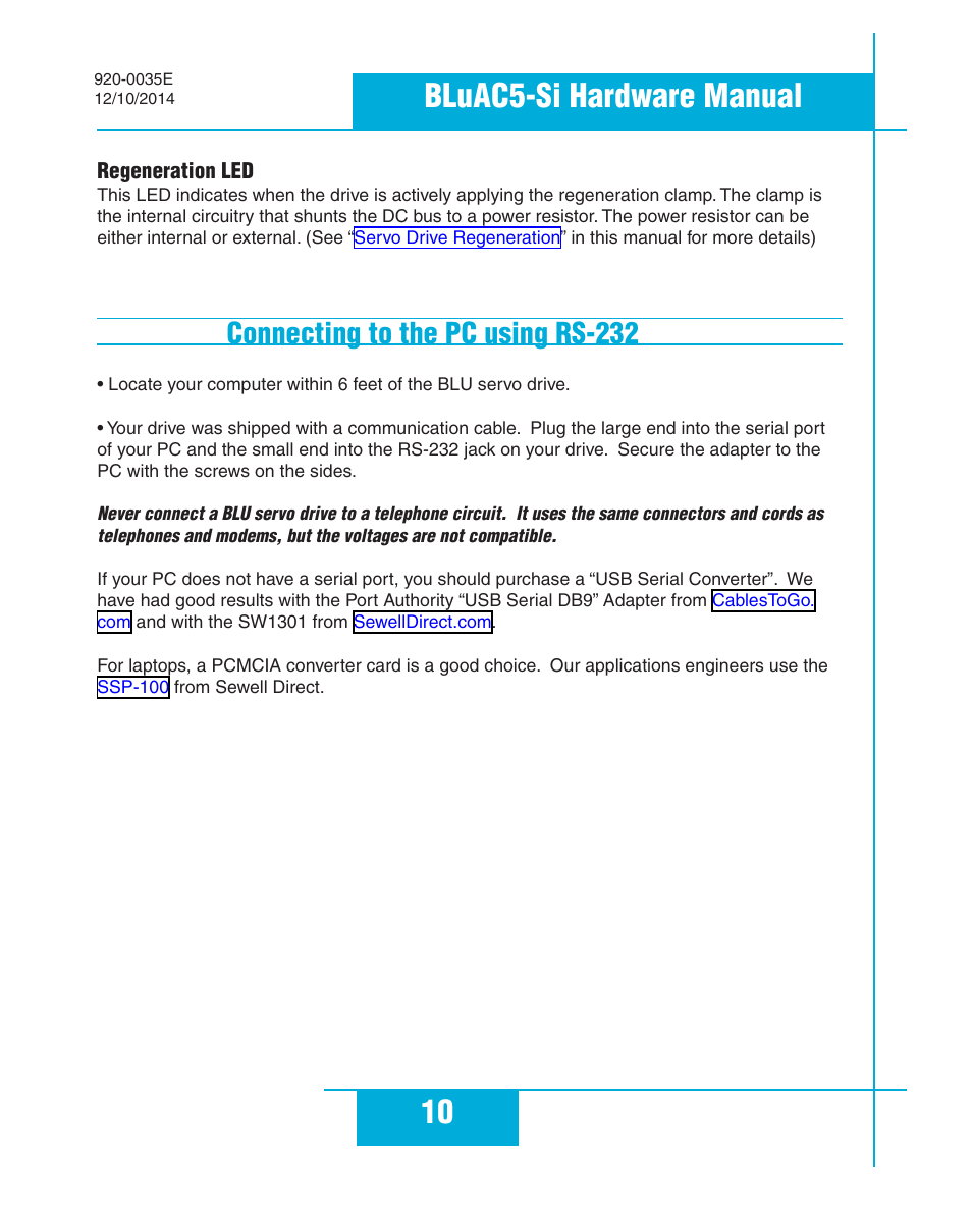 Regeneration led, Connecting to the pc using rs-232, 10 bluac5-si hardware manual | Applied Motion BLuAC5-Si User Manual | Page 10 / 38